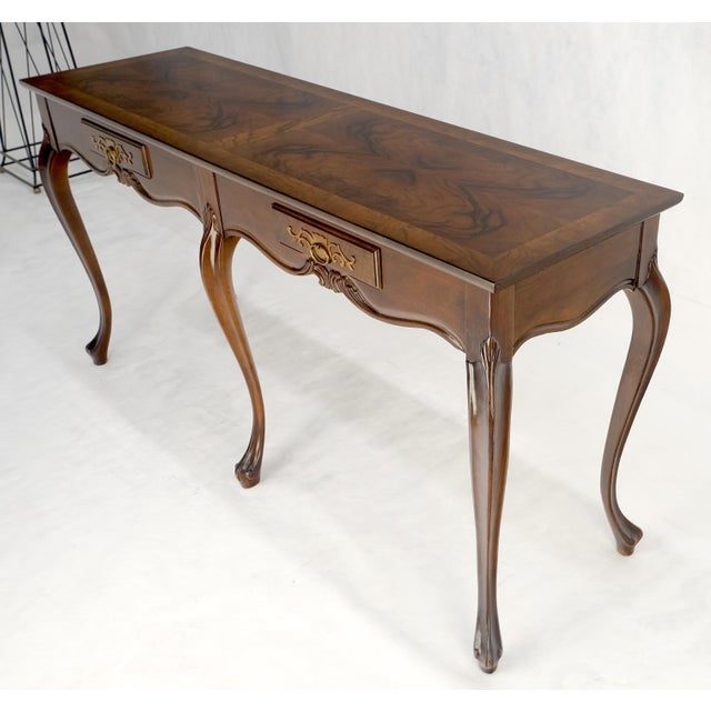 Baker 54" Long 6 Legged Burl Walnut 2 Drawers Cabriole Leg Console Sofa Table For Sale - Image 13 of 15
