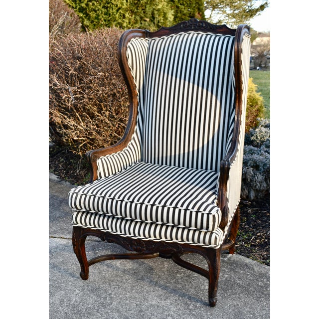 Vintage Carved Oak Country French High Back Wing Chair For Sale - Image 10 of 13