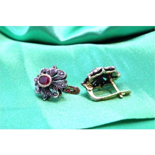 Gold and Silver Earrings with Diamond Chips and Synthetic Rubies, Set of 2 For Sale - Image 6 of 7