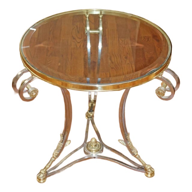 1980s Louis XV Steel & Chrome Glass Top Gueridon End Table Attributed to Labarge For Sale