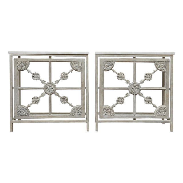 19th Century Pair of French Painted Iron Consoles With Carved Wood Panels and Marble Tops For Sale