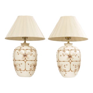 Vintage Floral Faux Bamboo Decorated Ceramic Table Lamps - A Pair For Sale