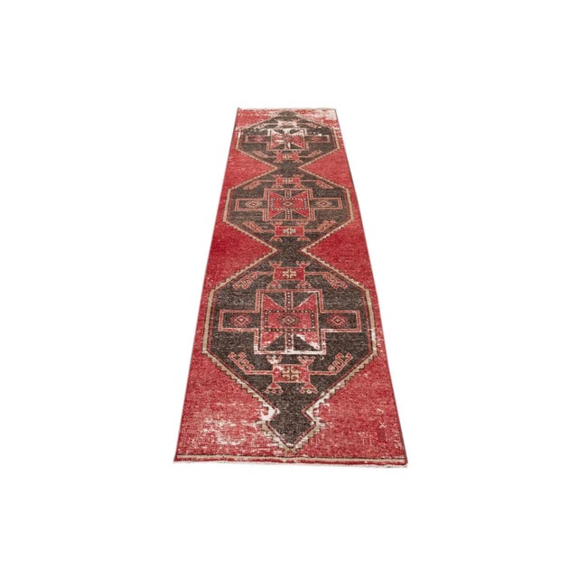 Textile Vintage Turkish Handmade Red Geometric Wool Runner For Sale - Image 7 of 13