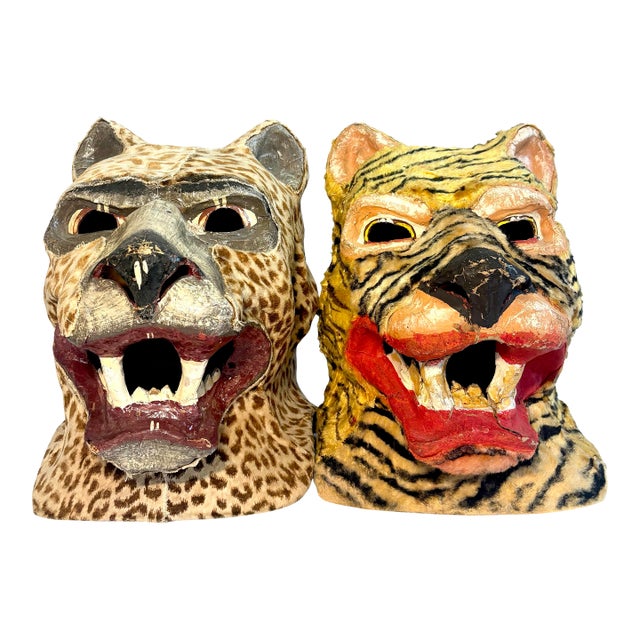 Pair of Vintage Hand Painted Folk Art Tiger and Cheetah Masks For Sale
