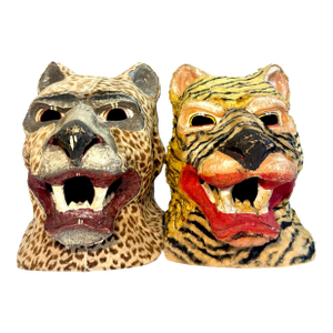 Pair of Vintage Hand Painted Folk Art Tiger and Cheetah Masks