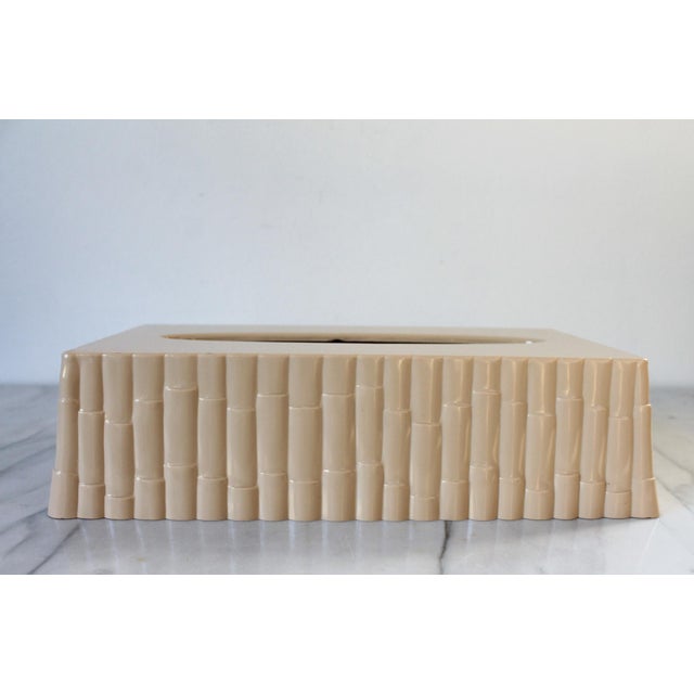 Vintage beige faux bamboo resin tissue box cover. Marked "BAI". Two chips to the interior rim. Pictured.
