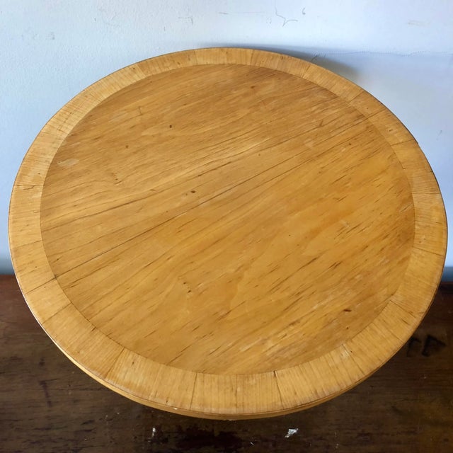 Vintage high quality decorator table by Medallion Limited. Lacquered cream legs with gold trim, wood top, possibly ash.