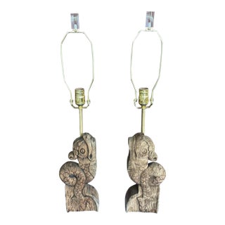 Pair Antique French Dolphin Architectural Fragment Lamps W/Lucite Bases For Sale