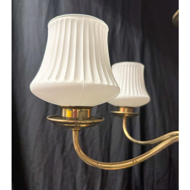 1960s 1960s Brass and Wood Midcentury Modern 5-Light Chandelier With Fluted Frosted-Glass Shades For Sale - Image 5 of 12