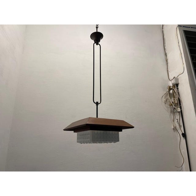 Mid-Century Modern Wood, Bronze and Opaline Glass Pendant Light, 1950s For Sale - Image 4 of 9