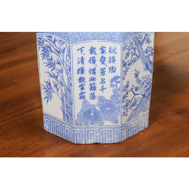 Ceramic Vintage Chinese Blue & White Hexagonal Porcelain Vase with Hand-Painted Foliage Décor For Sale - Image 7 of 13