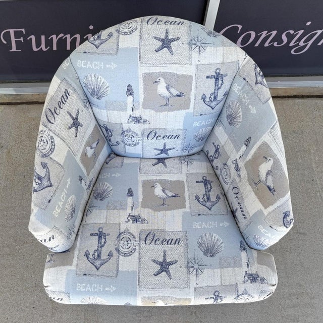 New Showroom Sample Swivel Chair With Nautical Upholstery For Sale In Raleigh - Image 6 of 8