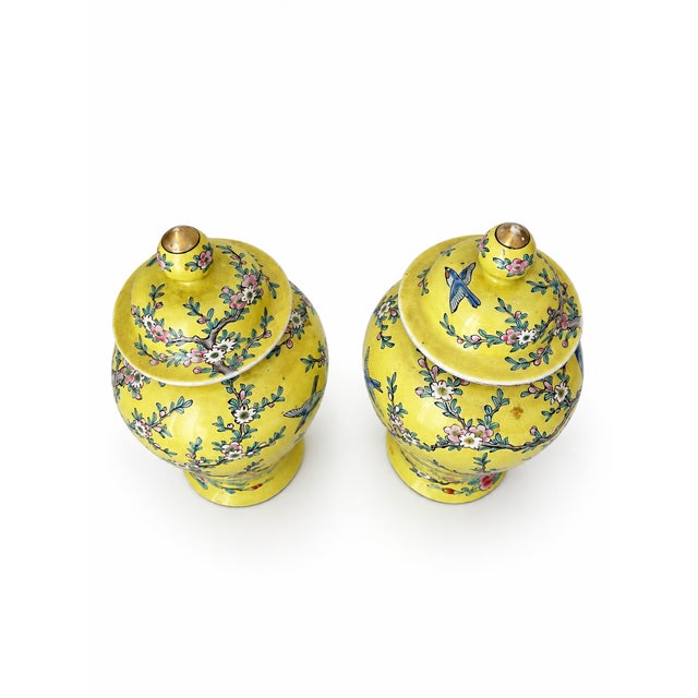 Mid 20th Century Mid 20th Century Pair of Nippon-Marked Yellow Bird and Floral Porcelain Ginger Jars For Sale - Image 5 of 9