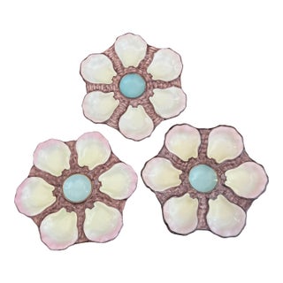 Antique 1800s French Porcelain Blue Center 6 Well Oyster Plates- Set of 3 For Sale