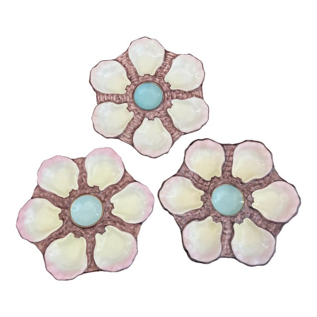 Antique 1800s French Porcelain Blue Center 6 Well Oyster Plates- Set of 3 For Sale