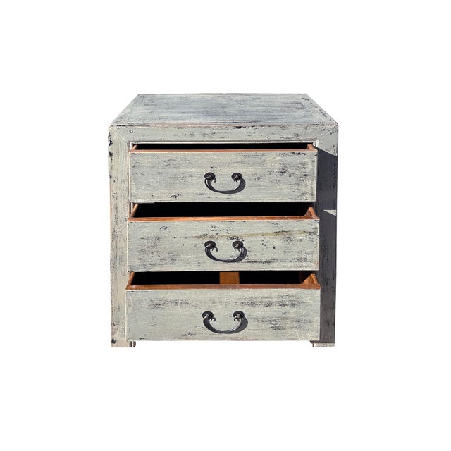 Asian Distressed Pale Gray Marks 3 Drawers End Table Nightstand For Sale - Image 3 of 6