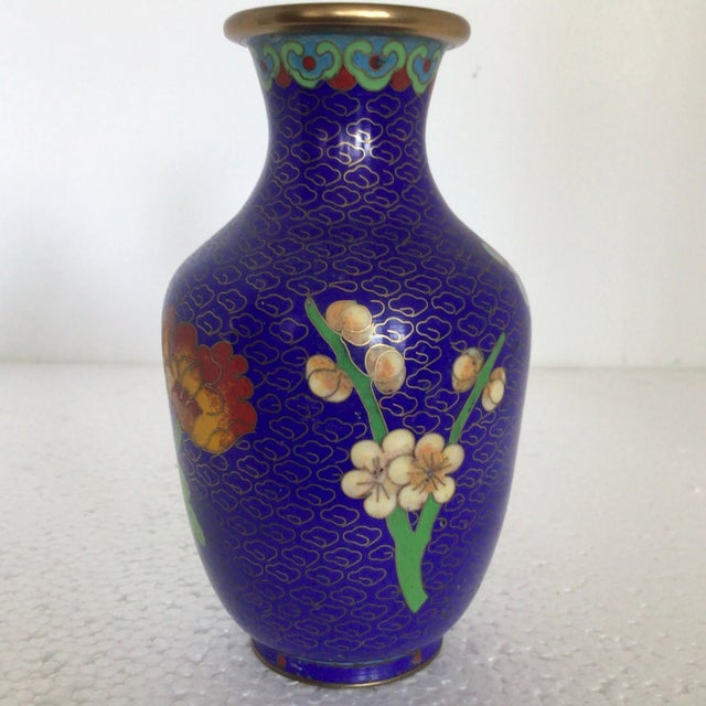 Blue Cloisonné Vases Decorated in Traditional Chinese Wealth Flowers - A Pair For Sale - Image 10 of 13
