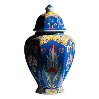 Handmade Ceramic Hexagonal Lidded Jar (30cm) Royal Blue & Yellow Palace Design – 6-Sided “Temple Jar” Vase For Sale