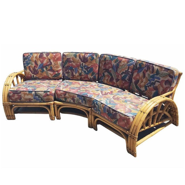 Mid-Century Modern Restored Mid-Century 3 Strand Rattan Spoke Half Moon Arm Corner Sectional Sofa For Sale - Image 3 of 8