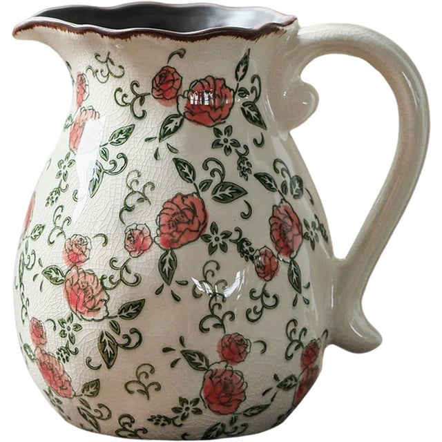 Farmhouse Handpainted Rose Ceramic Pitcher Vase Farmhouse Decor For Sale - Image 3 of 5