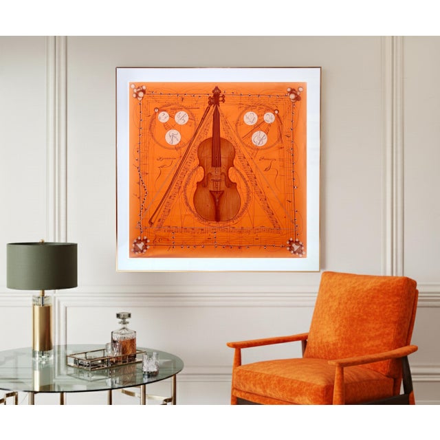 This is an authentic and professionally framed Hermès silk scarf called "La musique des sphères" from 1996. Designed by...