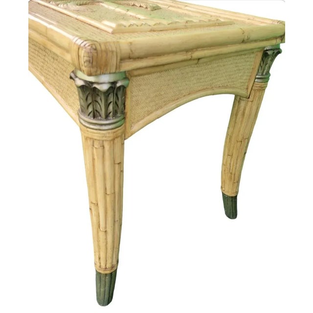 Traditional Vintage Coastal Regency Double Palm Tree Carved Wicker Bamboo Desk Dining Table For Sale - Image 3 of 12