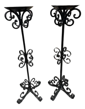 Pair of 1980s Tall Wrought Iron Curley Floor Candle Sticks