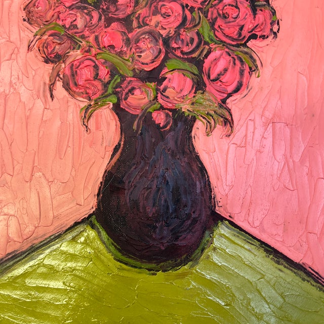 Contemporary original still life painting of pink roses on canvas. Signed on back and framed. Measures 12x12 or...