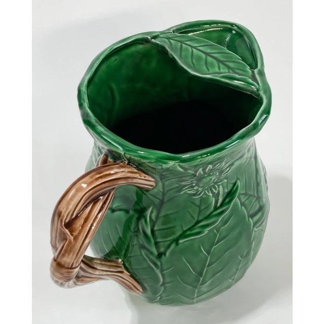 Vintage Majolica Style Green Leaf Motif Pitcher For Sale - Image 9 of 11