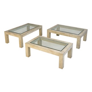 Travertine and Glass Coffee Tables, 1970s, Set of 3 For Sale