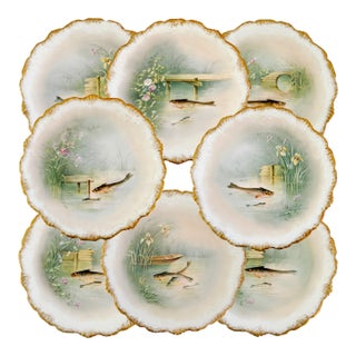 Antique French Limoges Hand-Painted Fish Plates by Coiffe Et Cie - Set of 8 For Sale