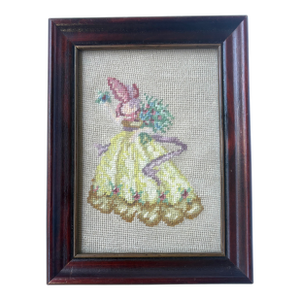 Vintage Boho Needlepoint of Victorian Lady in Pink Bonnet and Yellow Dress