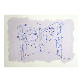 Modernist 1998 Blue Ink Portrait Drawing For Sale