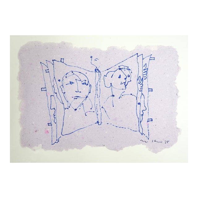 Modernist 1998 Blue Ink Portrait Drawing For Sale