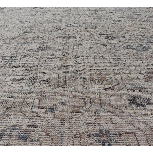 2020s Modern Hand-Knotted Oushak Distressed Rug With Sub-Geometric Design in Brown and Blue For Sale - Image 5 of 13