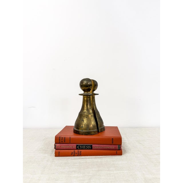 Metal Vintage Brass Pawn Bookend MCM Chess Decor Two Heavy Sculptures For Sale - Image 7 of 8