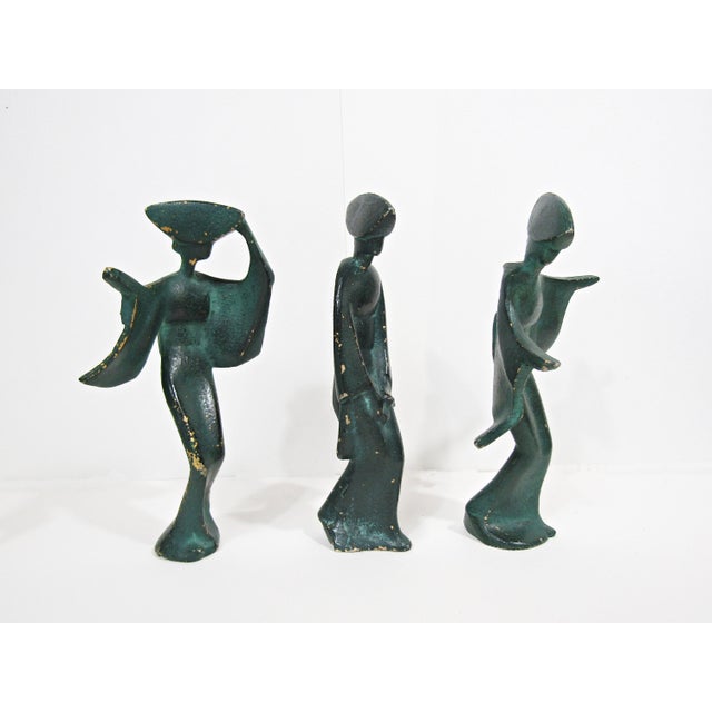 Set of 3 Mid-Century Japanese Verdigris Awa Odori Geisha Dancer Figurines in Cast Iron For Sale - Image 4 of 8