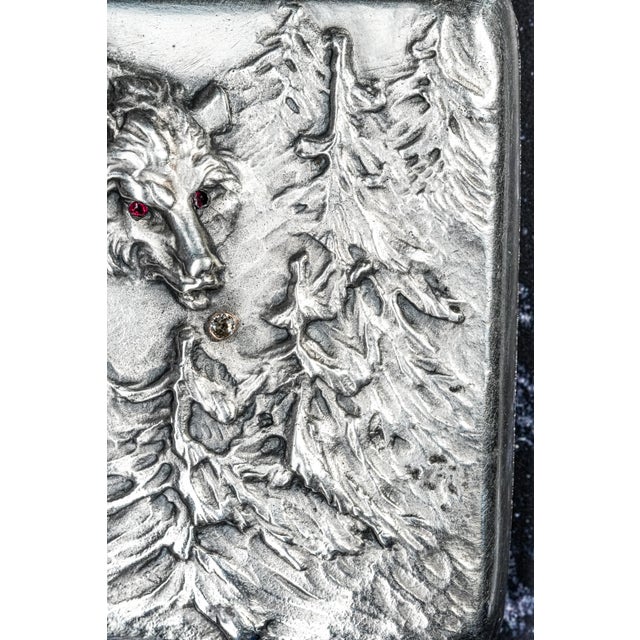 Silver Exceptional Art Nouveau Antique Cigarette Case 875 Sterling Silver Bear Design Ruby Eyes Diamond Accent For Sale - Image 8 of 18