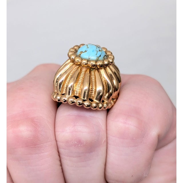 Napier Vintage 1960s Signed Napier Goldtone Faux-Turquoise Adjustable Cocktail Ring For Sale - Image 4 of 14