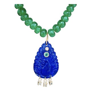 Lapis Peacock Pendant With Emeralds, Diamonds & 14k Gold For Sale