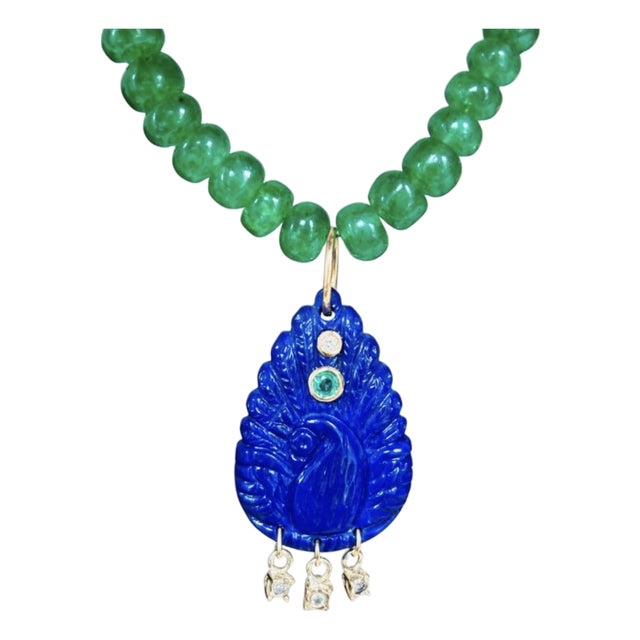 Lapis Peacock Pendant With Emeralds, Diamonds & 14k Gold For Sale