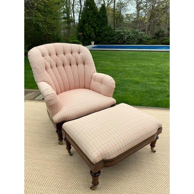 Wood Custom Tufted Wingback Chair and Ottoman in Pink by Oscar De La Renta For Sale - Image 7 of 12