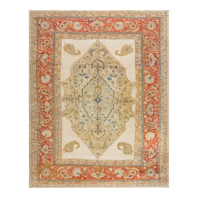 Ivory & Coral Red Color and Expressive Medallion Design Antique Persian Sultanabad Rug For Sale