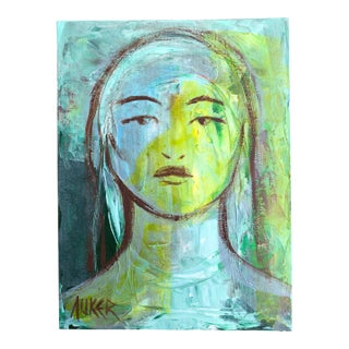 Woman With Green, Abstract Acrylic Painting, Canvas Board,by Cassandra Auker For Sale