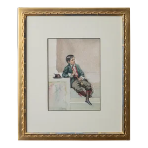 Italian School Flute Player Watercolor, 1899