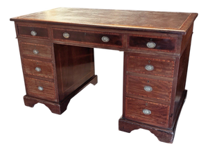Edwardian Inlaid Mahogany Pedestal Desk with Brown Top