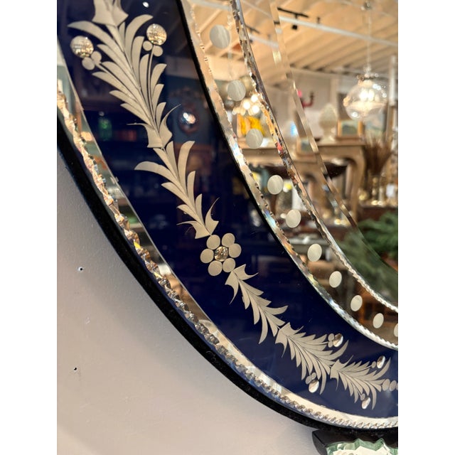 Glass Ornate Dark Blue and Etched Glass Oval Venetian Mirror For Sale - Image 7 of 10