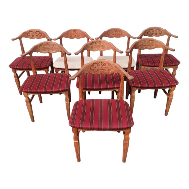 Original Brutalist Viking Dining Chairs in Oak by Henning Kjærnulf for EG, 1970s, Set of 8 For Sale