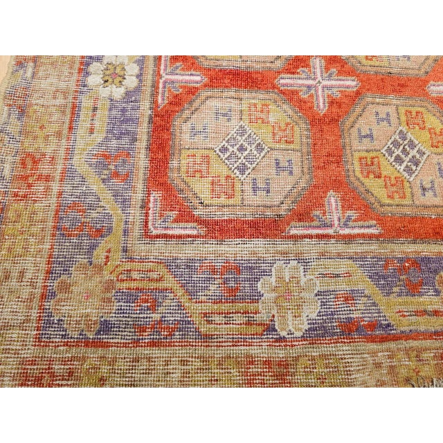 19th Century Khotan Rug in Allover Geometric Pattern in Red, Lavender, Ivory, Green For Sale - Image 12 of 16