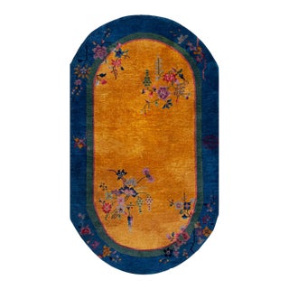 1920s Orange Floral Modern Antique Chinese Art Deco Carpet Oval Small Rug For Sale